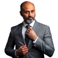 Businessman Adjusting Tie in Gray Suit With Transparent Background png