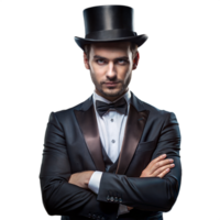 Sophisticated Magician in Top Hat and Tuxedo Posing Confidently Against a Transparent Background png