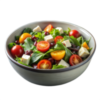 Fresh Greek Salad Served in a Black Bowl Captured in Bright Daylight png