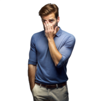 Young Man in Blue Shirt Covering Half of His Face With Hand png