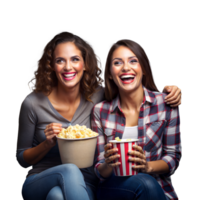 dos mujer disfrutando la risa y palomitas de maiz durante un divertido interior reunión png
