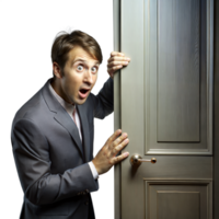 Surprised Businessman Peeking Behind The Door in a Studio Setting png