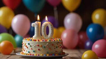 10 candle on festive cake with balloons and party decor on blurred background for celebration, sunshine sunny day photo