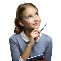 Young Girl in School Uniform Holding a Pen and Notebook, Looking Thoughtful png