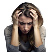 Young Woman Holding Her Head in Hands Showing Signs of Stress or Headache png