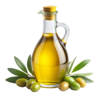 verre bouteille de olive pétrole avec Frais Olives et feuilles sur transparent Contexte png