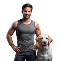 Man in Gray Athletic Wear Standing Next to Labrador Retriever in Studio, Midday png