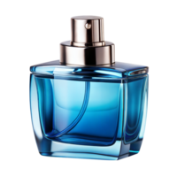 Stylish Blue Glass Perfume Bottle on Transparent Background Displaying Branding Elements png