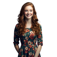 sorridente giovane donna nel floreale vestito con Riccio capelli in piedi in casa png