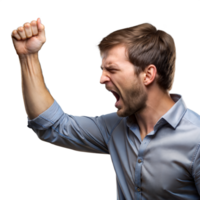 Enthusiastic Young Man Raising Fist in Victory on Transparent Background png