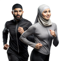 Fit Muslim Man And Woman Jogging Together With Smiles On Their Faces png