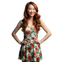 Smiling Woman in Floral Dress Posing Against Transparent Background During Daytime png