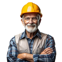 Senior Construction Worker Smiling in Safety Gear at a Job Site During the Day png