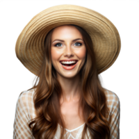 Smiling Young Woman Wearing a Large Straw Hat and Casual Summer Clothes png