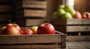 Ripe organic apples stored in wooden crates at warehouse with blurred background and space for text, close up photo