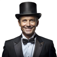 Man in Formal Black Suit and Top Hat Smiling Against Transparent Background During Daytime png