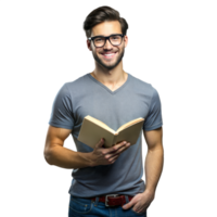 joven hombre leyendo un libro en casual atuendo durante tiempo de día adentro png