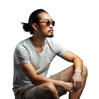 Calm Man With Sunglasses Sitting Outdoors on a Sunny Day png