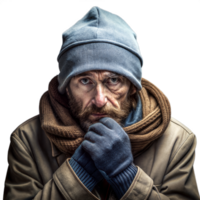 pensativo hombre en invierno atuendo calienta manos y contempla png