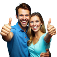 Smiling Couple Giving Thumbs Up in Bright Casual Clothing During Daytime Indoors png