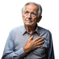 anziano uomo con mano su cuore indossare blu camicia contro trasparente sfondo png