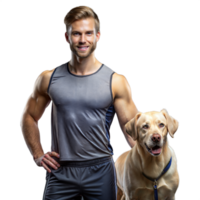 Smiling Man With Labrador Retriever During Morning Workout Indoors png