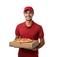 Delivery man in red uniform holding pizza box on transparent background png