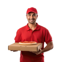 Delivery man in red uniform holding pizza box on transparent background png