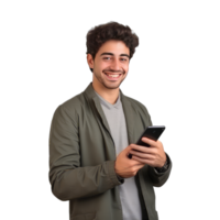 portret van gelukkig jong Mens gebruik makend van mobiel telefoon Aan transparant achtergrond png