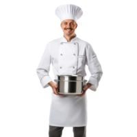 cooking profession and people concept - happy male chef cook with pot on transparent background png