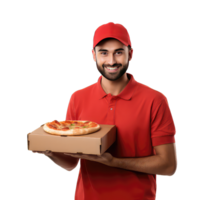 Delivery man in red uniform holding pizza box on transparent background png