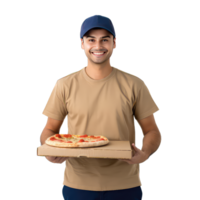 Entrega homem segurando pizza caixa em transparente fundo png