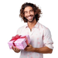 Handsome man holding a gift box on transparent background png