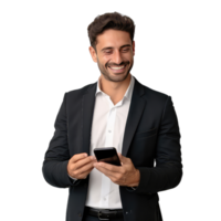 ritratto di contento giovane uomo utilizzando mobile Telefono su trasparente sfondo png