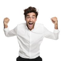 Excited young businessman celebrating success on transparent background png