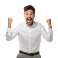 Excited young businessman celebrating success on transparent background png