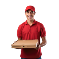 Delivery man in red uniform holding pizza box on transparent background png