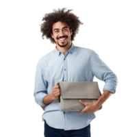 Beau homme en portant une Bureau sac sur transparent Contexte png