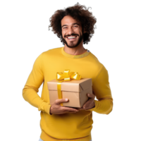 Handsome man holding a gift box on transparent background png