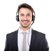 Young happy smiling customer support phone operator in headset on transparent background png