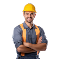 Men wear vest jacket on yellow helmet worker on transparent background png