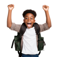 happy african american schoolgirl with backpack and raised hands up on transparent background png