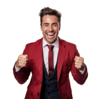 excited young business man in red suit looking at camera and clenching fists on transparent background png