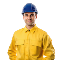 retrato de contento trabajador en amarillo uniforme en transparente antecedentes png