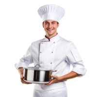 cooking profession and people concept - happy male chef cook with pot on transparent background png