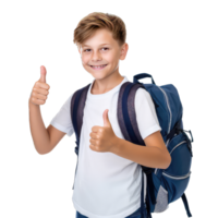 retrato de un sonriente colegial con mochila demostración pulgares arriba en transparente antecedentes png