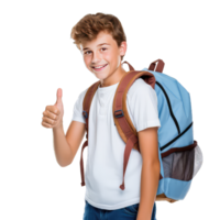 Portrait of a smiling schoolboy with backpack showing thumbs up on transparent background png