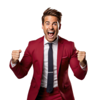 excited young business man in red suit looking at camera and clenching fists on transparent background png