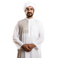 Portrait of young handsome muslim man in muslim dress shalwar kameez on transparent background png