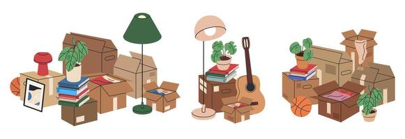 Home moving boxes. Cardboard boxes with moving stuff, stacked cargo moving boxes with clothes, pot plants and books flat illustration set. Carton moving boxes vector